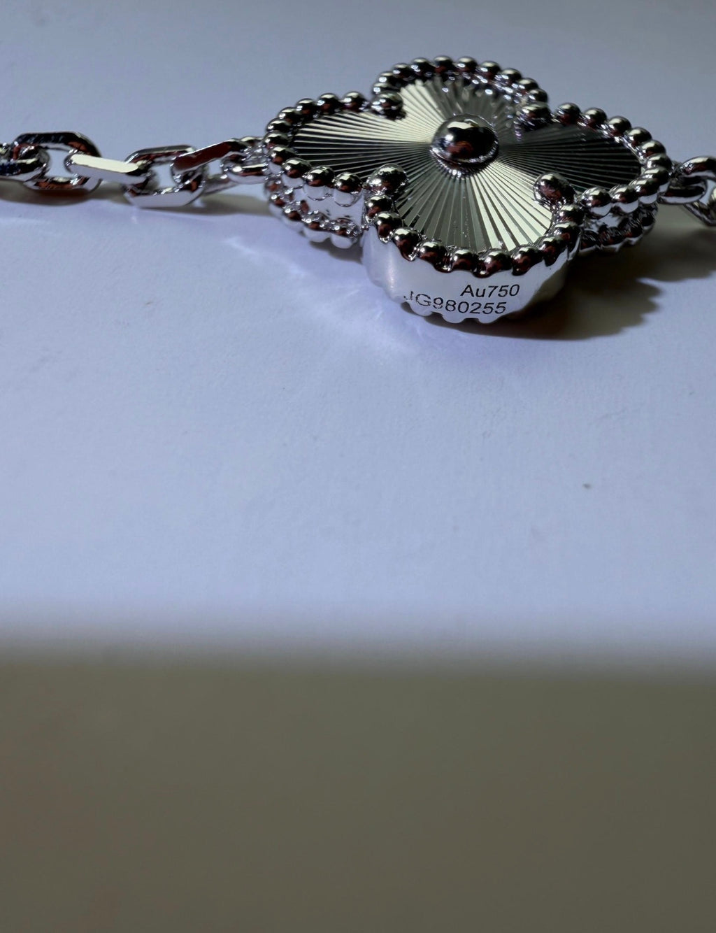 5-Motif Clover Bracelet – White Gold filled over Sterling Silver with Moissanite & Guilloché Sunburst Motifs