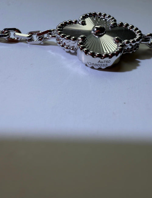 5-Motif Clover Bracelet – White Gold filled over Sterling Silver with Moissanite & Guilloché Sunburst Motifs