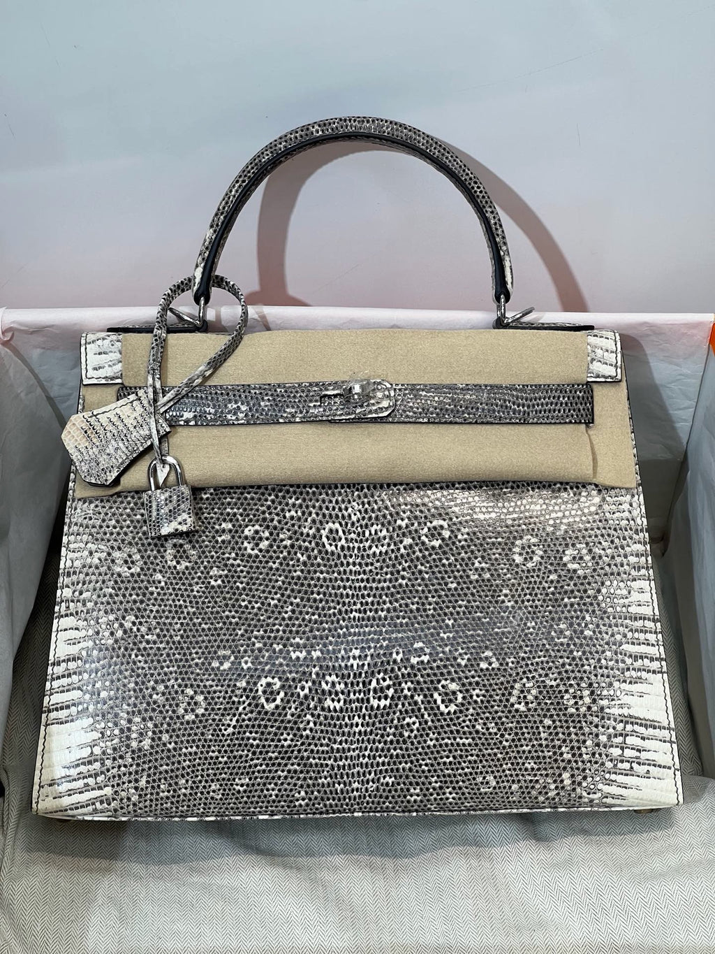 K28-Ombré Lizard Leather Top-Handle Handbag – Exotic Natural Pattern Structured Crossbody Bag