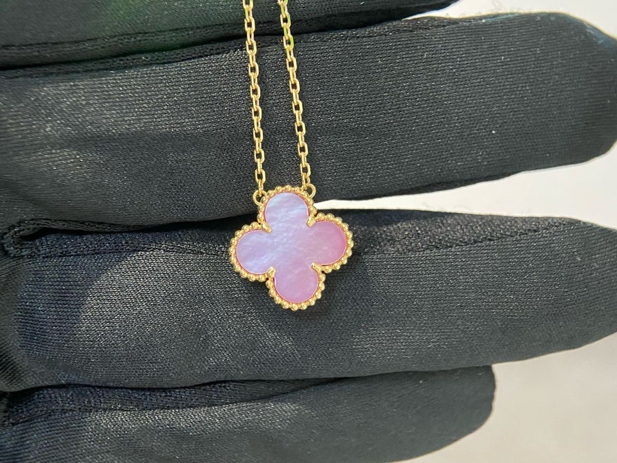 Pink Mother of Pearl Clover Pendant Necklace – Gold Four-Leaf Floral Charm Chain