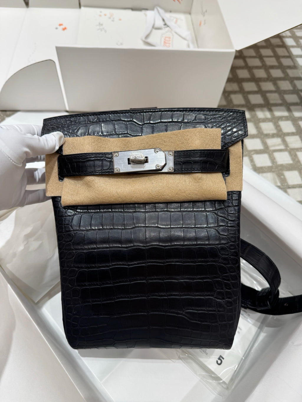 Black Matte Alligator Leather Utility Travel Tote – Asymmetrical Top-Handle Bag (35 cm )