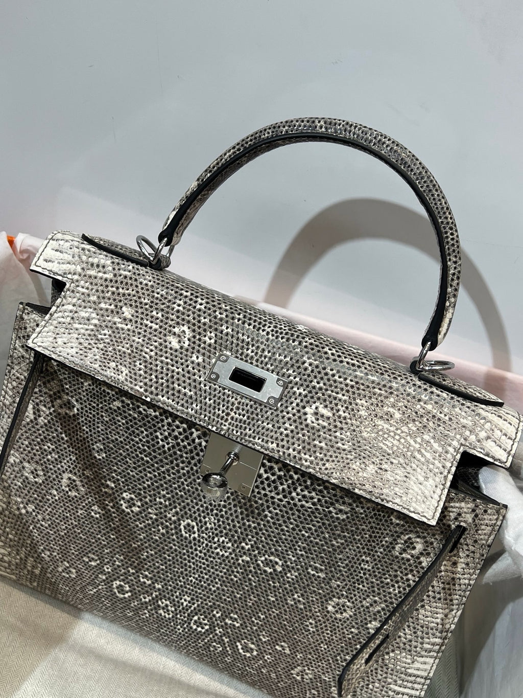 K28-Ombré Lizard Leather Top-Handle Handbag – Exotic Natural Pattern Structured Crossbody Bag