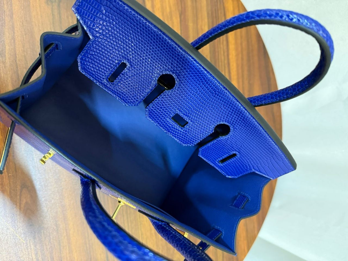 Blue Lizard Leather Mini Top-Handle Bag – Structured Exotic Crossbody (20 cm)
