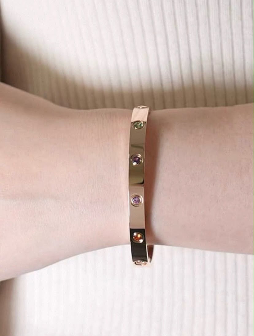 925 Sterling Silver Multicolor Gemstone Oval Bangle – 18K Gold Plated Hinged Bracelet