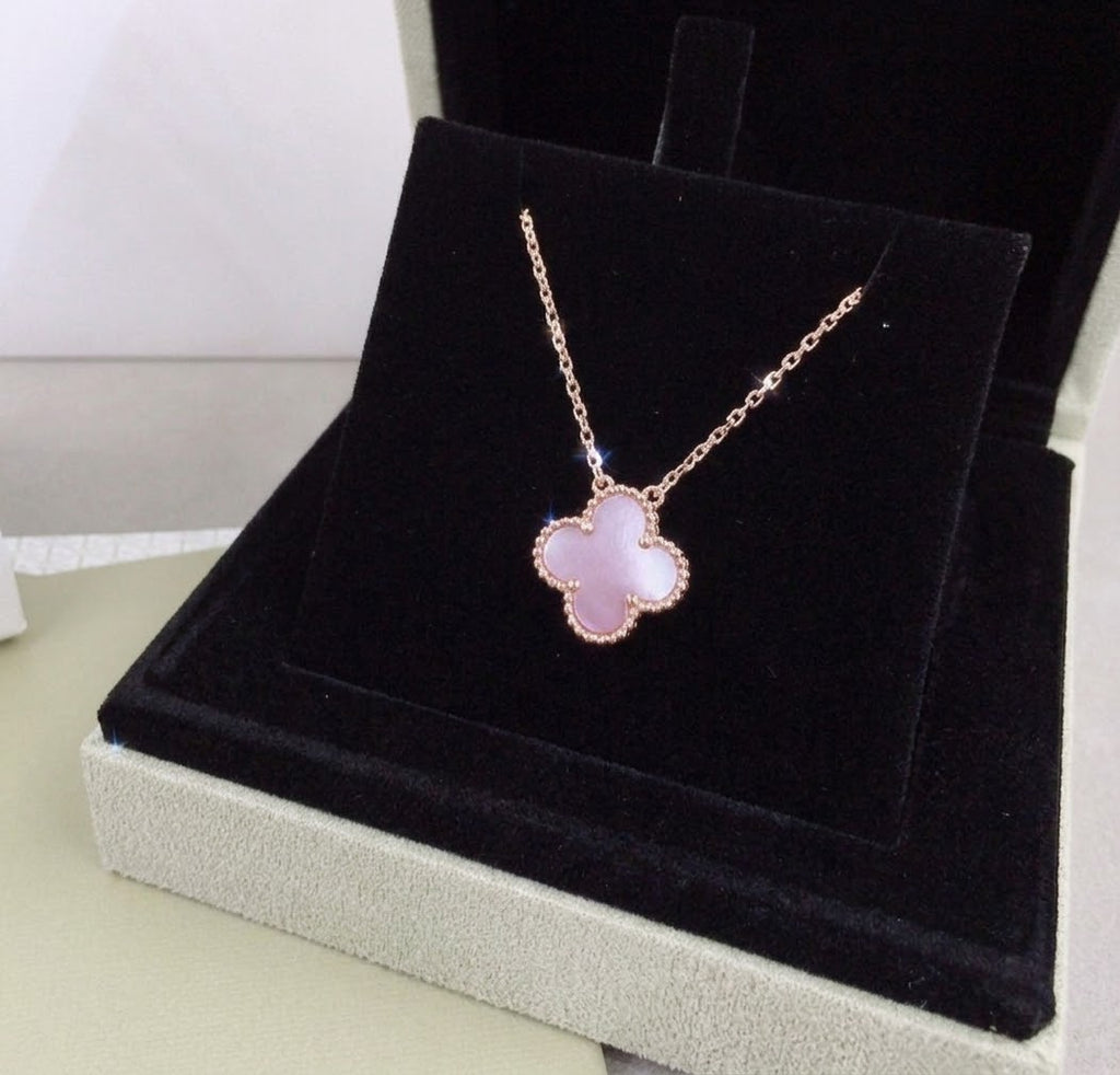 Pink Mother of Pearl Clover Pendant Necklace – Gold Four-Leaf Floral Charm Chain