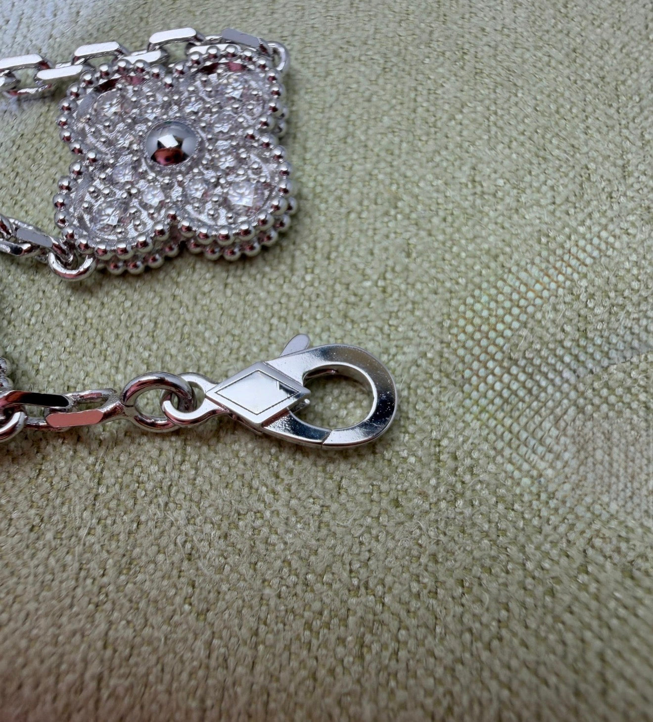 5-Motif Clover Bracelet – White Gold filled over Sterling Silver with Moissanite & Guilloché Sunburst Motifs
