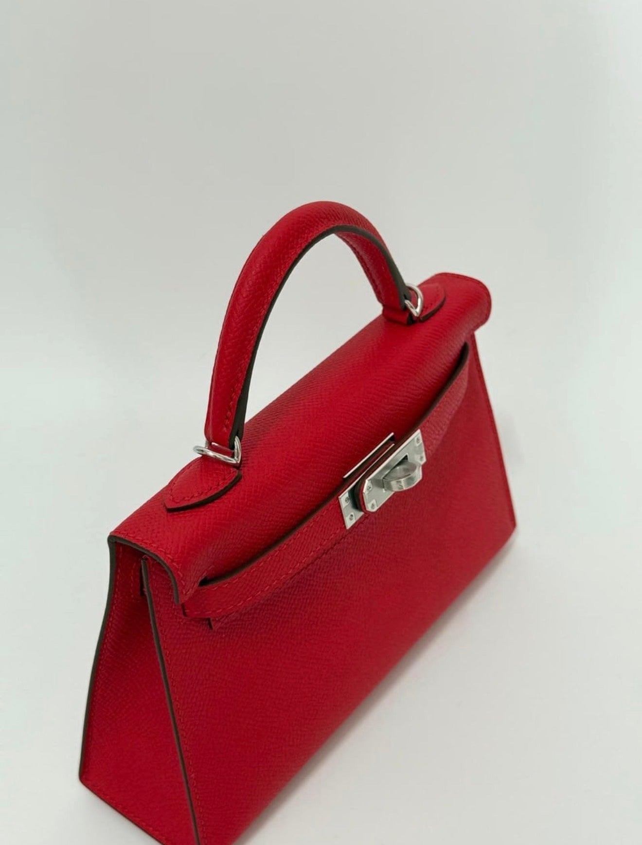 Mini Cherry Red Structured Leather Handbag – Hand-Stitched Cross-Hatched Calfskin Top-Handle Crossbody Bag (Unbranded)