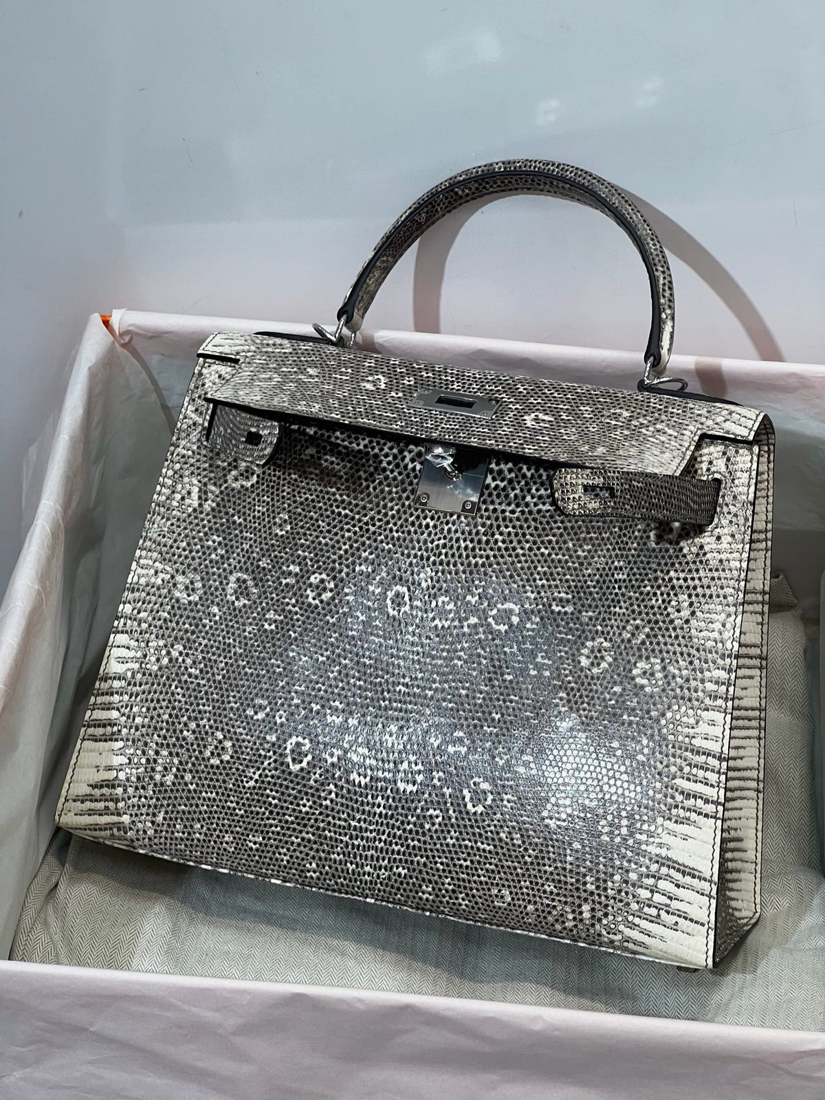 K28-Ombré Lizard Leather Top-Handle Handbag – Exotic Natural Pattern Structured Crossbody Bag