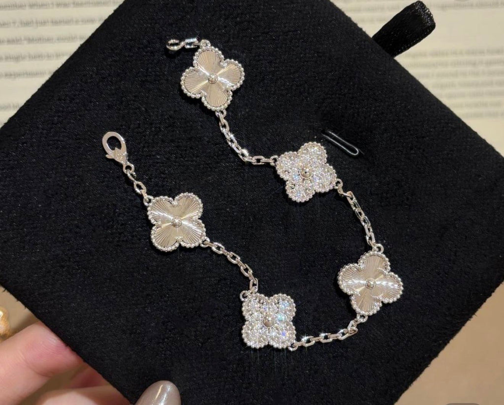 5-Motif Clover Bracelet – White Gold filled over Sterling Silver with Moissanite & Guilloché Sunburst Motifs