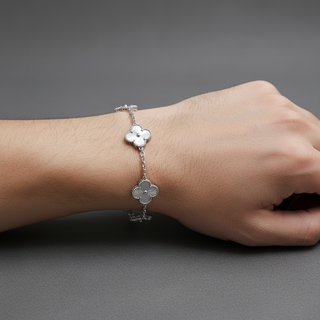 5-Motif Clover Bracelet – White Gold filled over Sterling Silver with Moissanite & Guilloché Sunburst Motifs