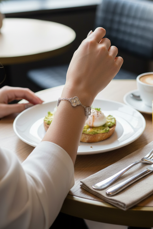 5-Motif Clover Bracelet – White Gold filled over Sterling Silver with Moissanite & Guilloché Sunburst Motifs