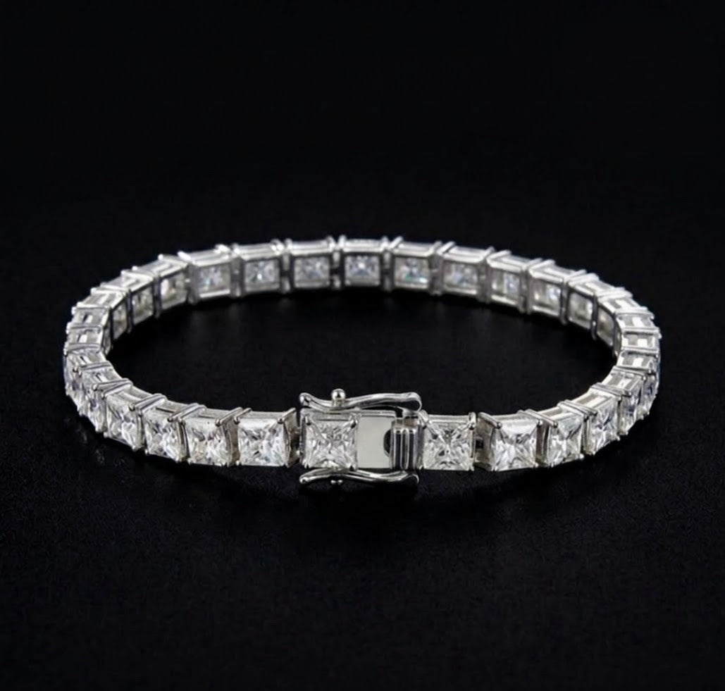 Arencibia & Co. 5mm Princess Cut Moissanite Tennis Bracelet – 925 Sterling Silver Square Link Bracelet