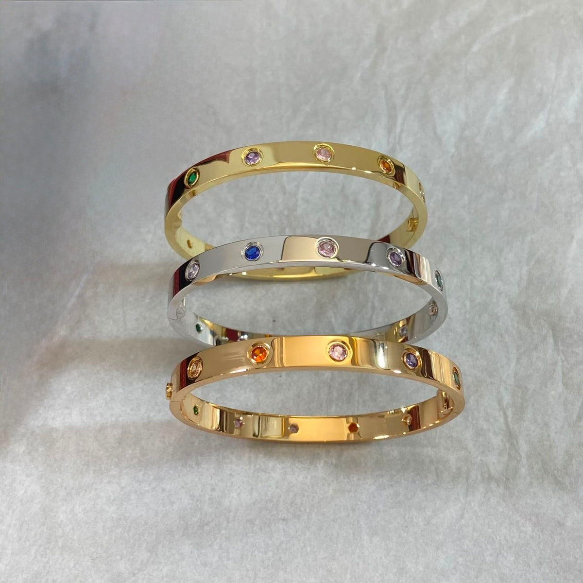 925 Sterling Silver Multicolor Gemstone Oval Bangle – 18K Gold Plated Hinged Bracelet