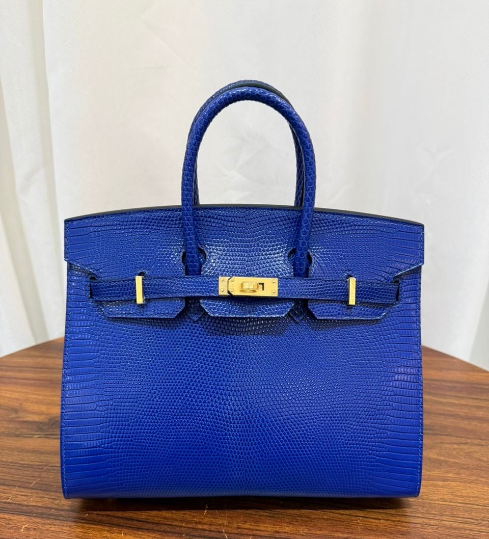 Blue Lizard Leather Mini Top-Handle Bag – Structured Exotic Crossbody (20 cm)
