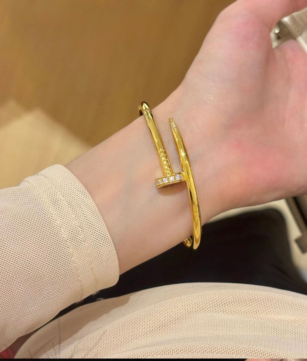 18K Gold Filled Nail Bangle Bracelet with Moissanite Stones (3-5 Microns)