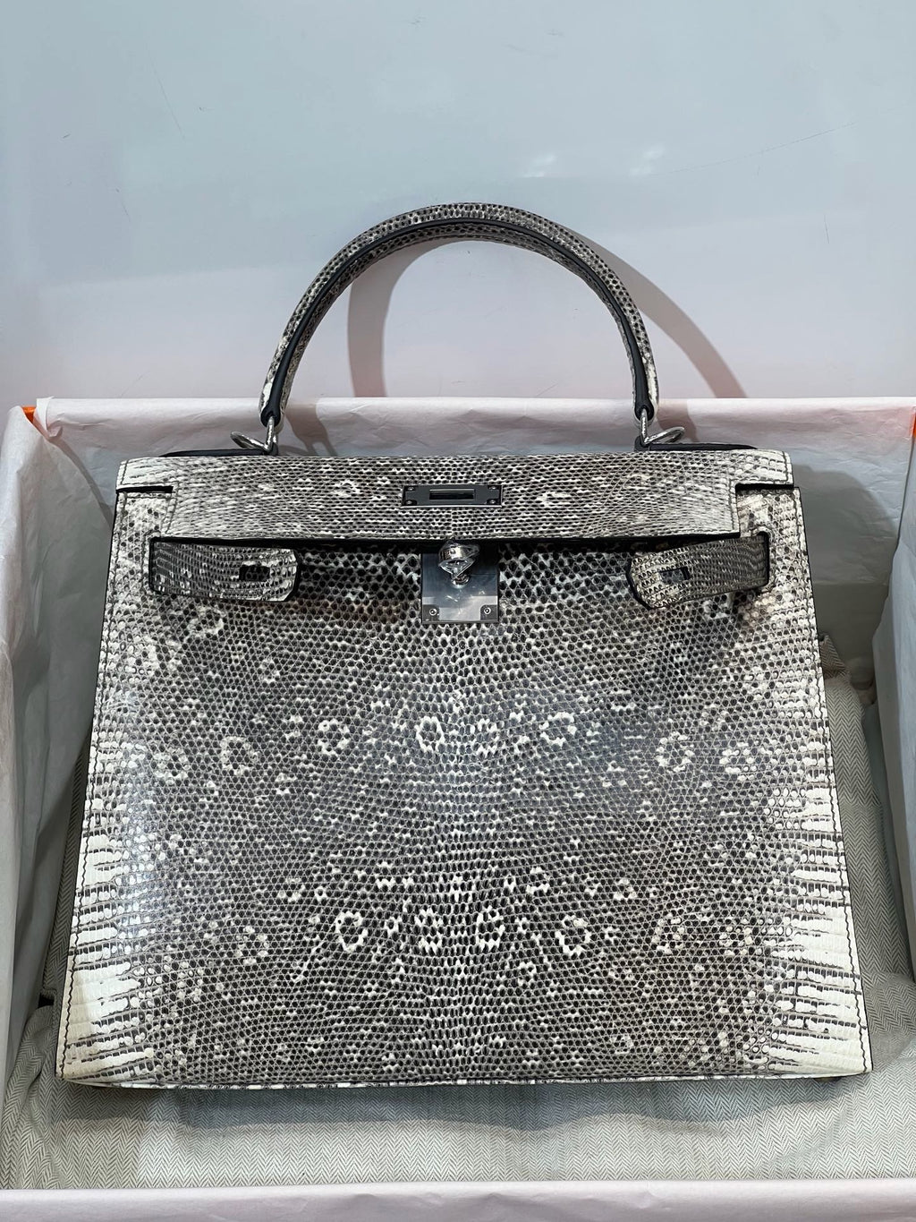 K28-Ombré Lizard Leather Top-Handle Handbag – Exotic Natural Pattern Structured Crossbody Bag