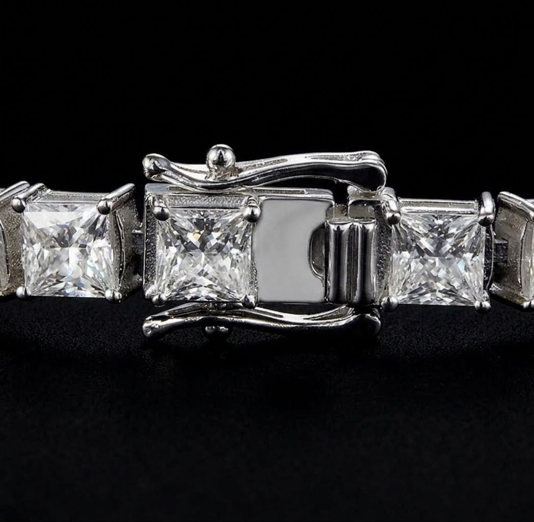 Arencibia & Co. 5mm Princess Cut Moissanite Tennis Bracelet – 925 Sterling Silver Square Link Bracelet