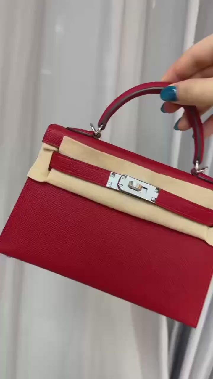 Mini Cherry Red Structured Leather Handbag – Hand-Stitched Cross-Hatched Calfskin Top-Handle Crossbody Bag (Unbranded)