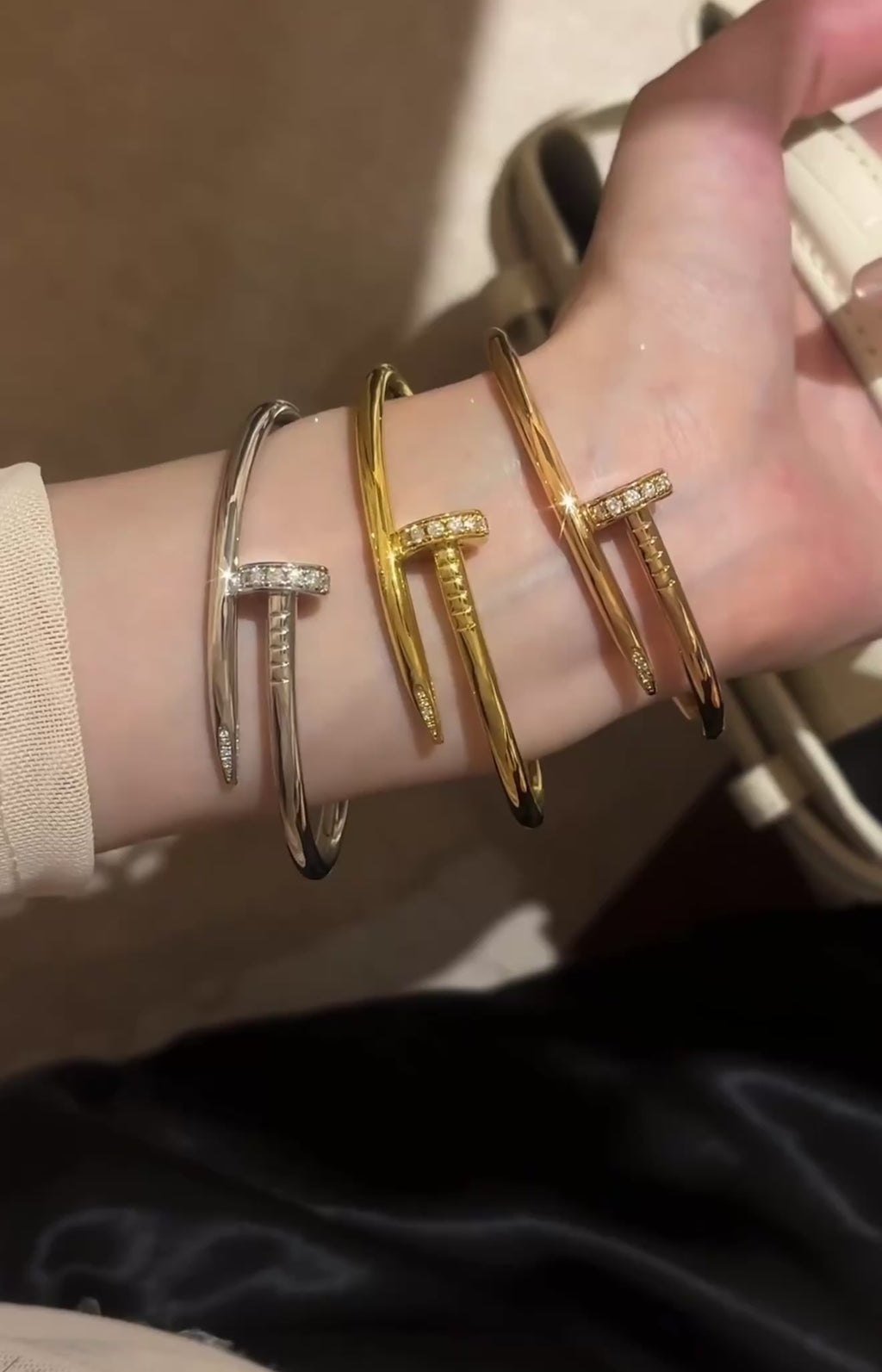 18K Gold Filled Nail Bangle Bracelet with Moissanite Stones (3-5 Microns)