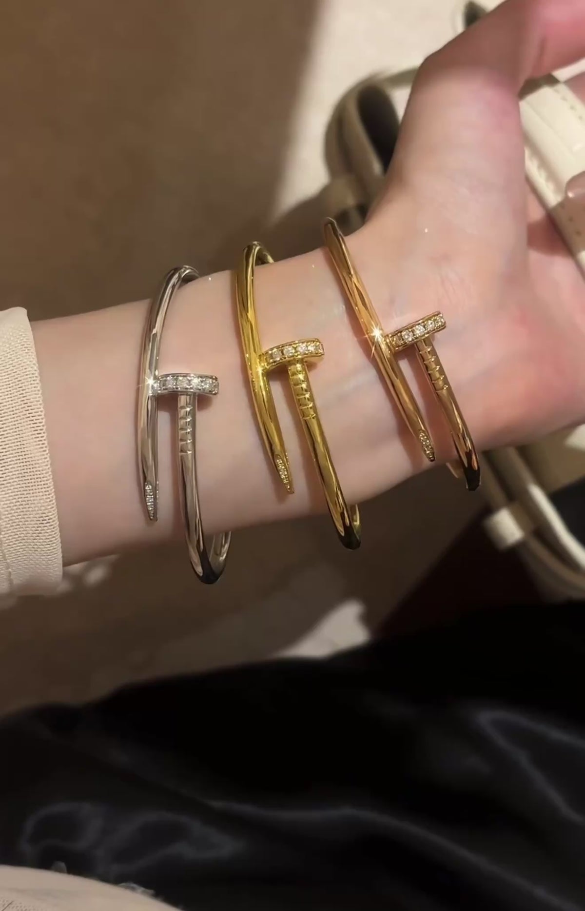 18K Gold Filled Nail Bangle Bracelet with Moissanite Stones (3-5 Microns)